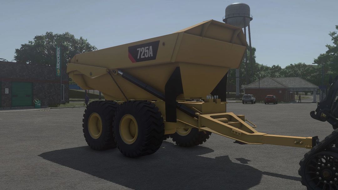 FS25 Caterpillar 725A Dumper mod, yellow heavy-duty construction dump trailer with large wheels, for Farming Simulator 25 mods.