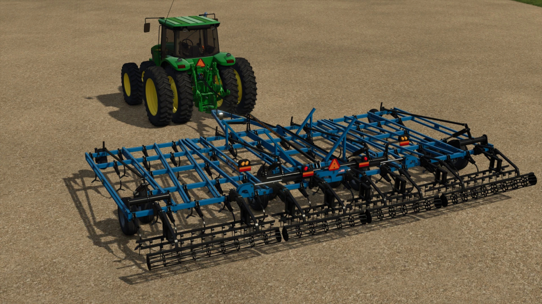 Farming Simulator 25 mod: Green tractor attached to a blue DMI Tigermate II cultivator on a farm field.
