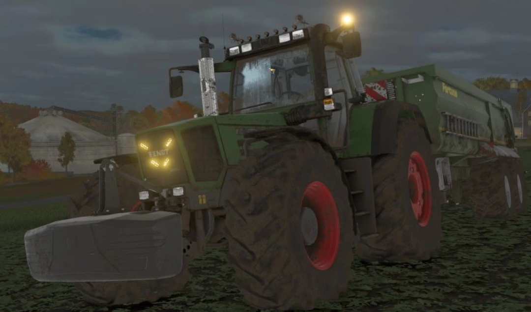 Farming Simulator 25 mod: FS25 Fendt Favorit 900 tractor with attached implement on a farm field at dusk.