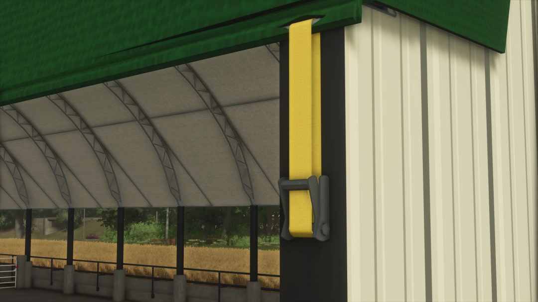 Close-up of a yellow latch mechanism on a Farming Simulator 25 mod, the FS25 Hoop Cattle Barn v1.0.0.0, used for animal management.