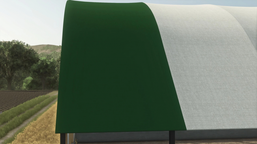 Close-up of a green and white farming shelter from Farming Simulator 25 mods, designed for housing livestock like cattle.