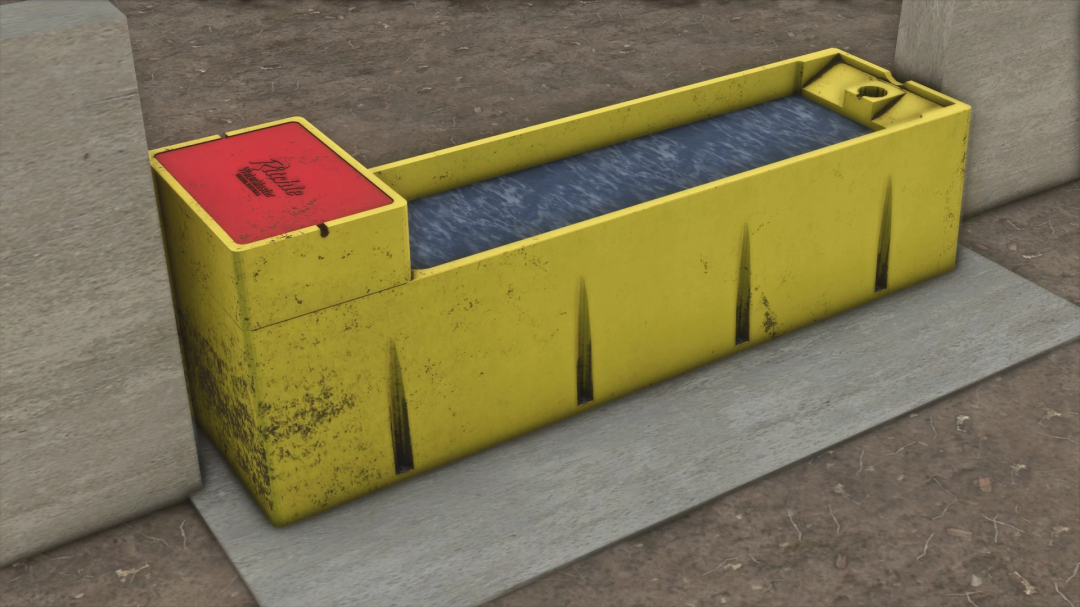 Yellow water trough for livestock in Farming Simulator 25 mod, part of FS25 mods, used for cattle watering in the game.