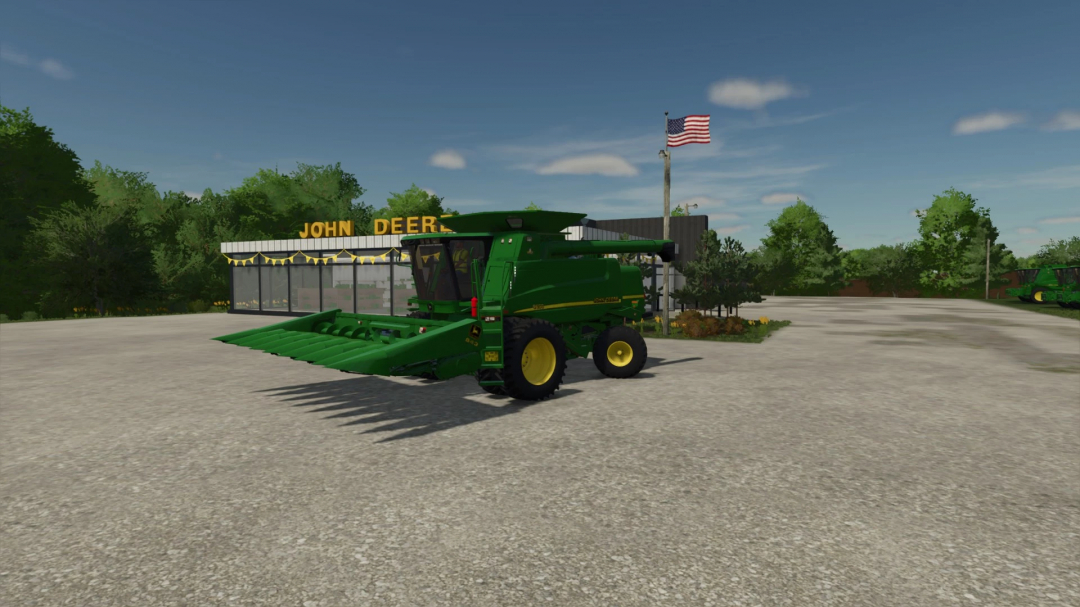 Farming Simulator 25 mods featuring a green John Deere Walker combine in front of a John Deere dealership.