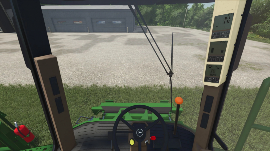 Inside view of a Farming Simulator 25 mod featuring a John Deere Walker combine, showcasing the cab controls and dashboard.