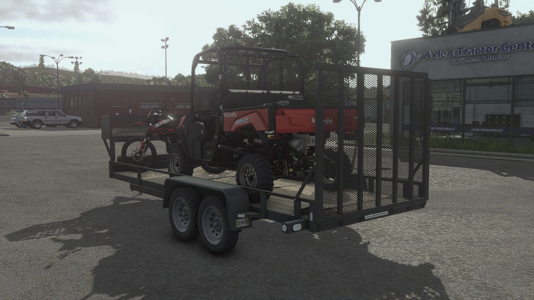 Farming Simulator 25 mod: Utility trailer carrying a quad bike and a motocross motorcycle, designed for FS25 mods.