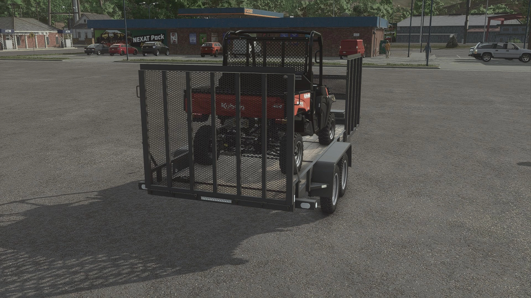 Farming Simulator 25 mod: small utility trailer with a Lawnmower inside, designed for transporting equipment in FS25.