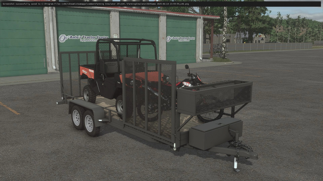FS25 Lawnmower Trailer v1.0.0.0 with a mower and ATV loaded for Farming Simulator 25 mods.