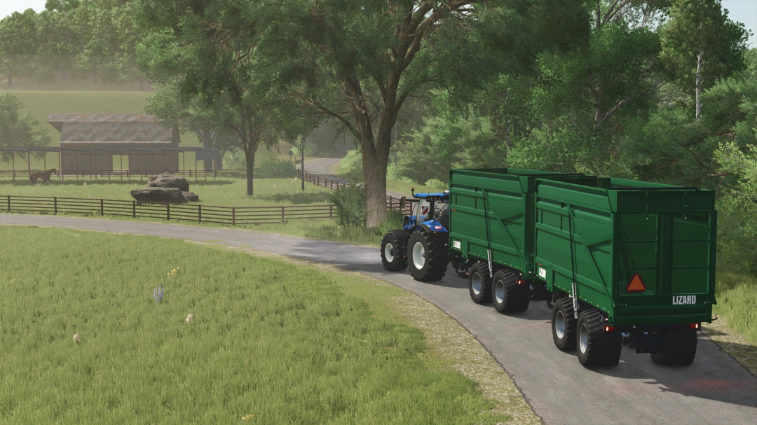 Farming Simulator 25 mod: Blue tractor pulling green Lizard Metsjö MetaQ 60 trailers on a rural farm road.