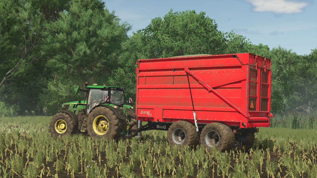 Farming Simulator 25 mod image of a green tractor attached to a large red Metsjö MetaQ 60 trailer in a field with trees in the background.