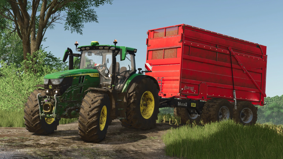 Farming Simulator 25 mod: John Deere tractor with red MetaQ 60 trailer on a rural dirt road.