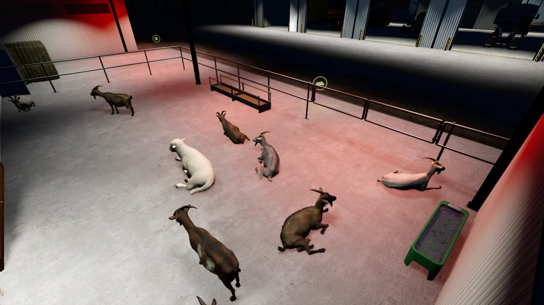Farming Simulator 25 mod: Modern metal sheep barn with goats and sheep inside, under artificial lighting.