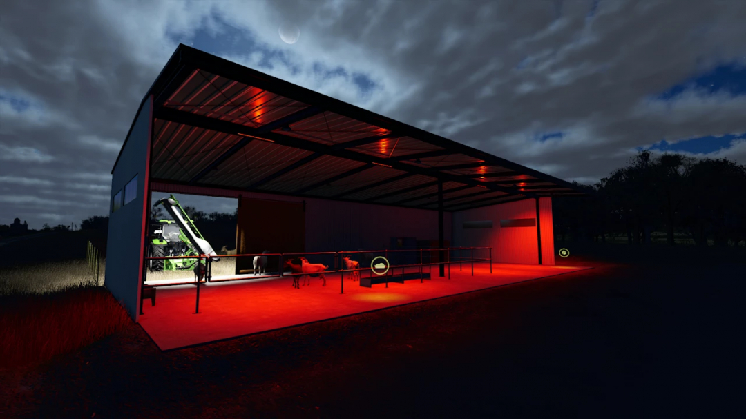 Farming Simulator 25 mods: FS25 Modern Metal Sheep Barn v1.0.0.0 illuminated at dusk with sheep inside, realistic sunset environment.