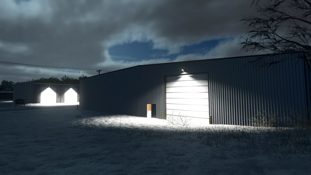 Night view of a metal shop building from Farming Simulator 25 with illuminated doors and snow on the ground, part of FS25 mods.