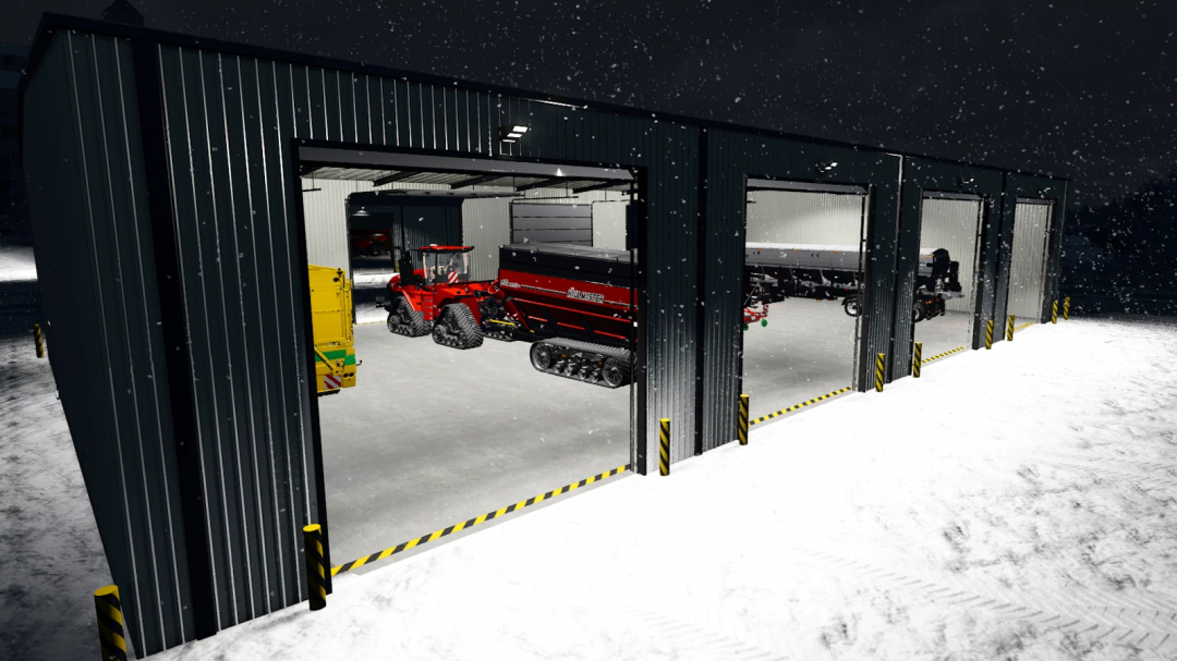Farming Simulator 25 mod: Modern metal shop pack with tractor, equipment, and tools inside a snowy shed at night.