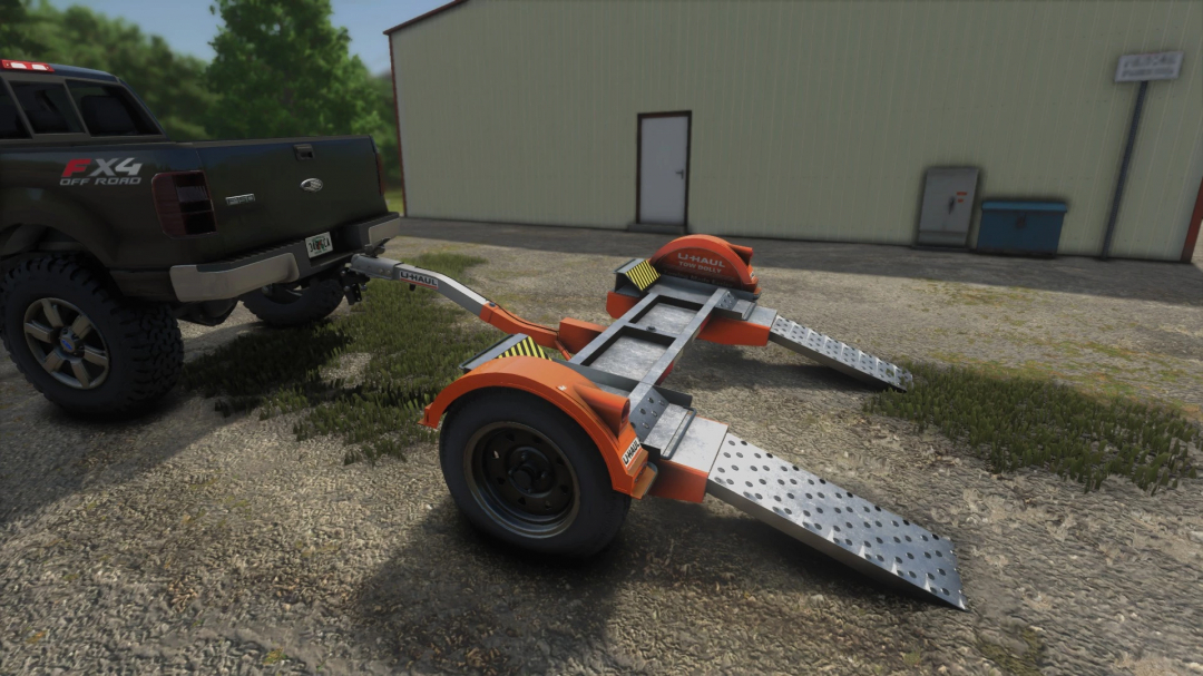 Farming Simulator 25 mod: U-Haul tow dolly attached to a truck, used for transporting vehicles in FS25.