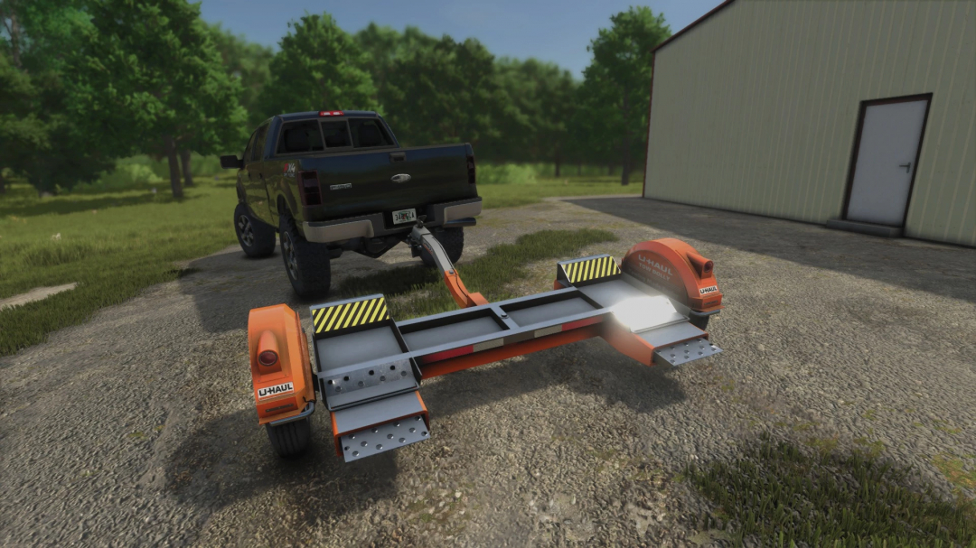 Farming Simulator 25 mod image showcasing the FS25 Tow Dolly v1.0.0.0 attached to a black pickup truck in a grassy area.