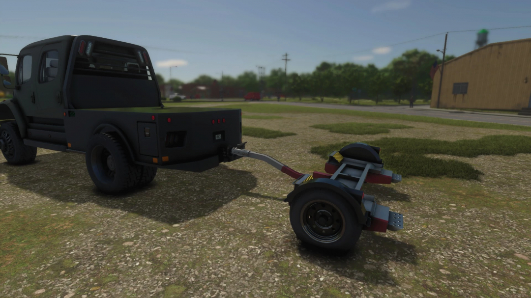 Farming Simulator 25 mod showing a black tow dolly trailer attached to a pickup truck, part of FS25 mods collection.