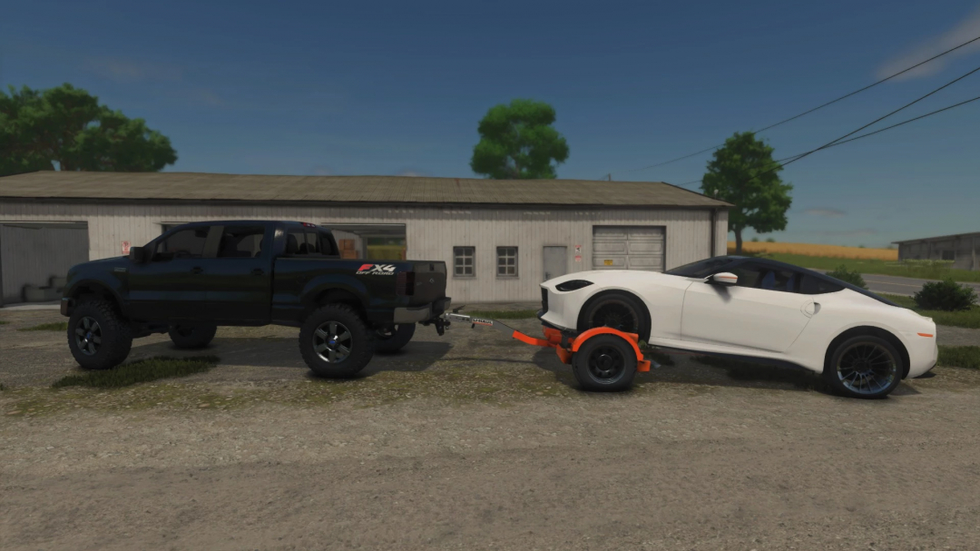 FS25 Tow Dolly v1.0.0.0 mod in Farming Simulator 25, towing a white sports car behind a black pickup truck.