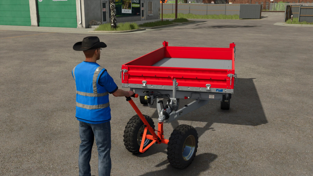 Farmer with a cowboy hat operating a Farmyard Trailer Dolly in Farming Simulator 25, showcasing mods in the game's environment.
