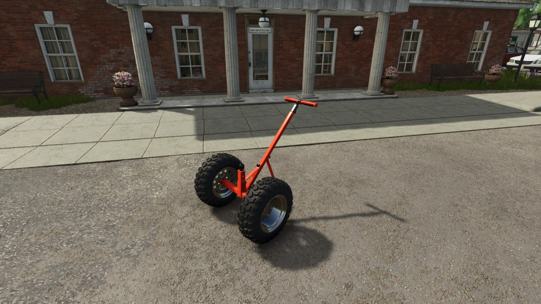Farmyard Trailer Dolly mod with large tires, in Farming Simulator 25, placed on a street background.