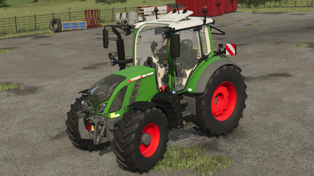 Fendt 500 Vario Gen3 v1.0.0.0 tractor mod from Farming Simulator 25, green with red wheels, detailed exterior, on a farm yard.