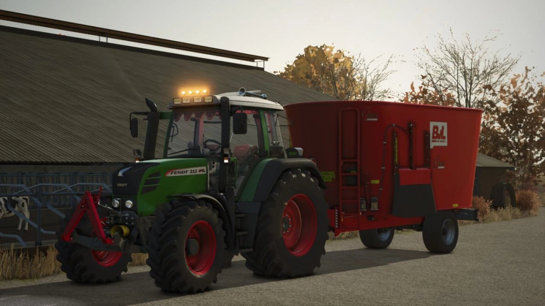 Farming Simulator 25 mod featuring a Fendt Vario 300 TMS tractor with a red BVL fertilizer spreader on a farm.