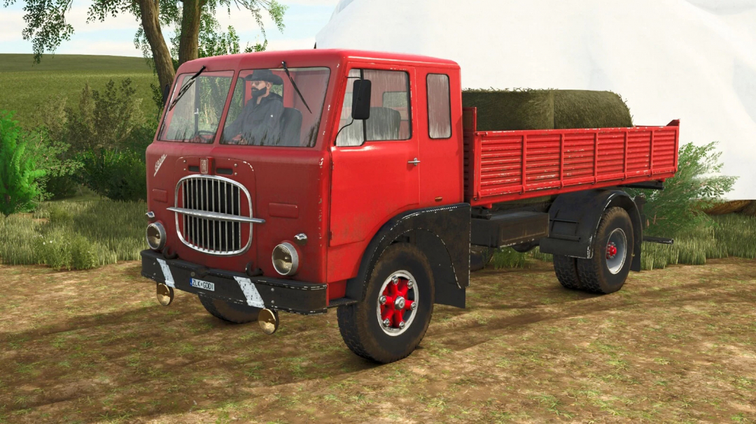 Farming Simulator 25 mod: vintage red truck with a hay bale, part of FS25 mods collection.