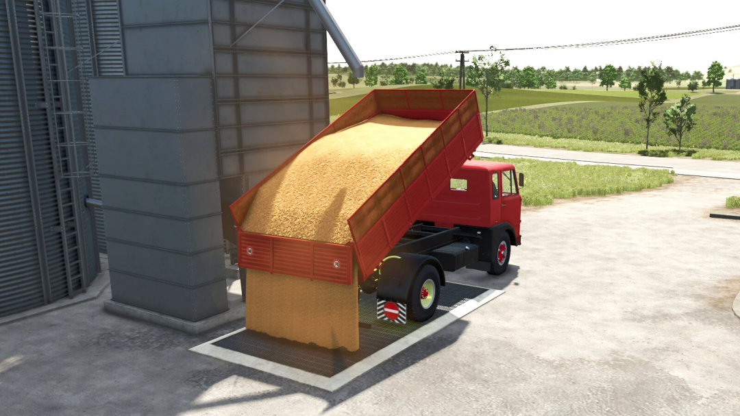 Farming Simulator 25 mod: Red truck unloading grain into a storage silo, showcasing the Fiat 682 N4 v1.0.0.0 mod.