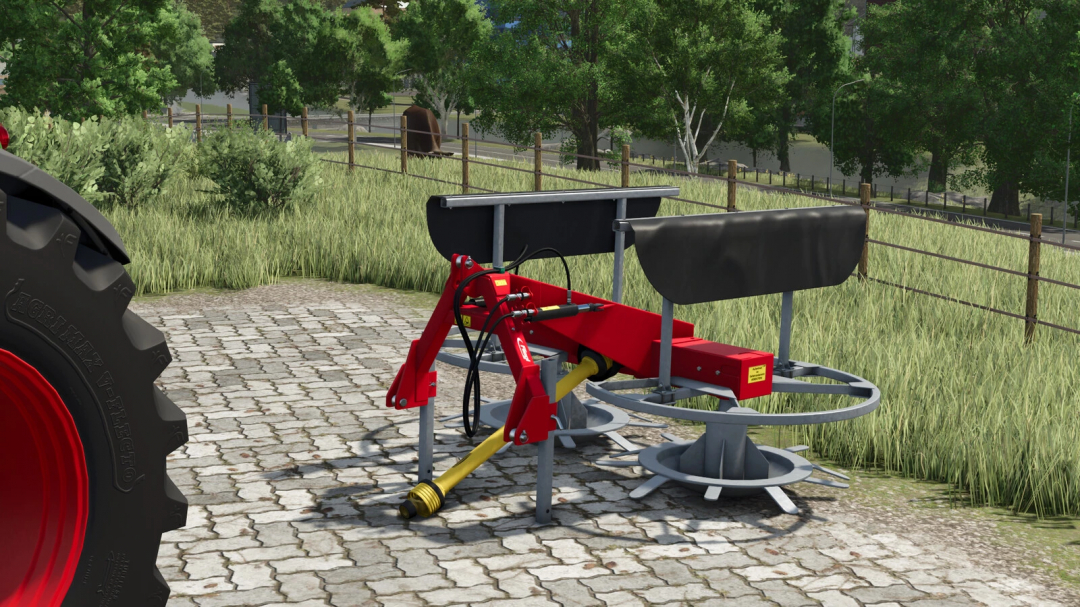 Farming Simulator 25 mod: Fliegl Duo v1.0.0.0 trailer attachment with black hoppers, on a farm paved surface.