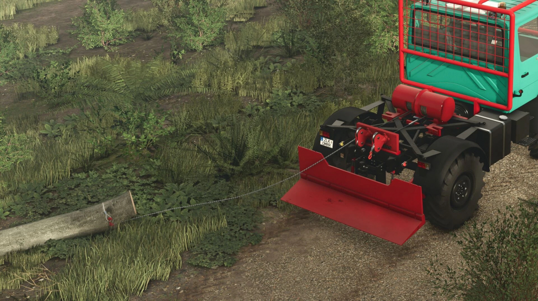 Farming Simulator 25 mod: forestry winch U411 & U436 attached to a forestry vehicle pulling a tree.