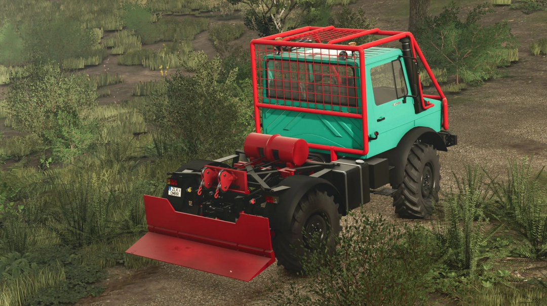 Farming Simulator 25 mod: forestry winch U411 & U436 for tree logging, shown on rugged terrain surrounded by bushes and grass.