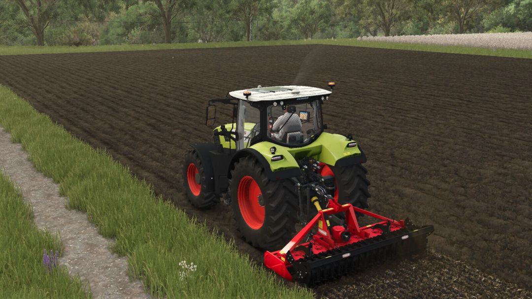 Farming Simulator 25 mod: Forigo Roteritalia Power Harrows Pack v1.0.0.0, tractor working on the field with a power harrow attached.