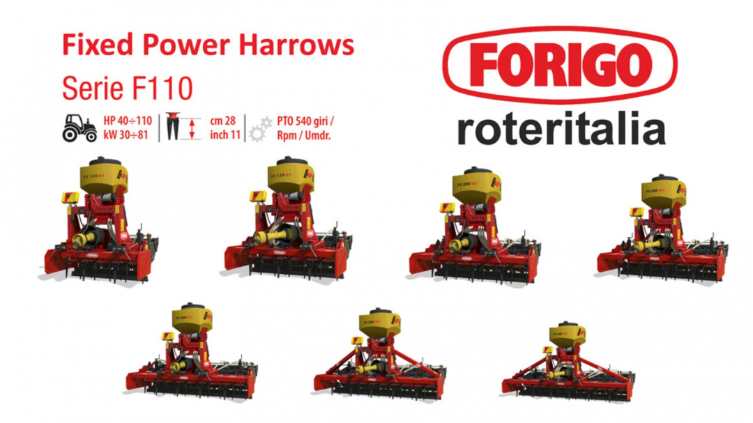 Farming Simulator 25 mods: Forigo Roteritalia Power Harrows Pack v1.0.0.0, showcasing various fixed power harrows for enhanced gameplay.