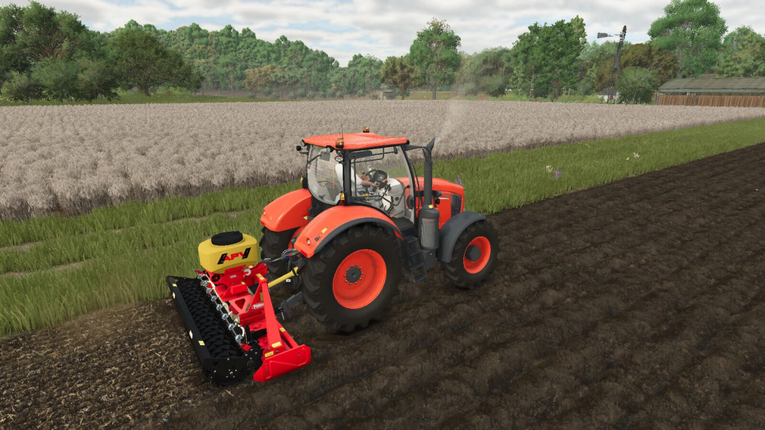 Farming Simulator 25 mods: tractor with Forigo Roteritalia Power Harrows Pack v1.0.0.0 for soil preparation and farming.