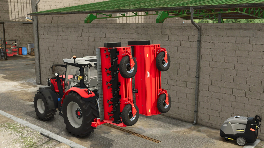 Farming Simulator 25 mod image showing Forigo Roteritalia Shredders Pack with additional features, mounted on a tractor beside a wall.