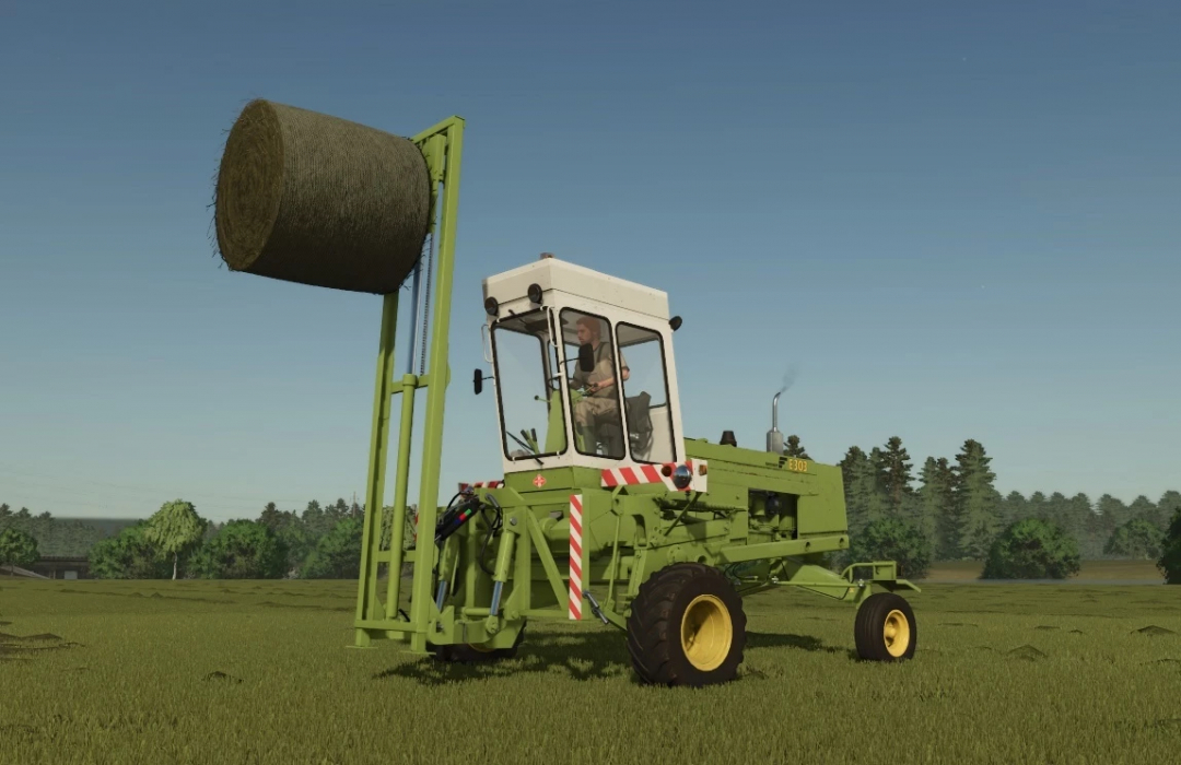 Farming Simulator 25 mod: Fortschritt E 303 v1.0.0.0 hay baler working in a field, with a driver inside, under clear skies.