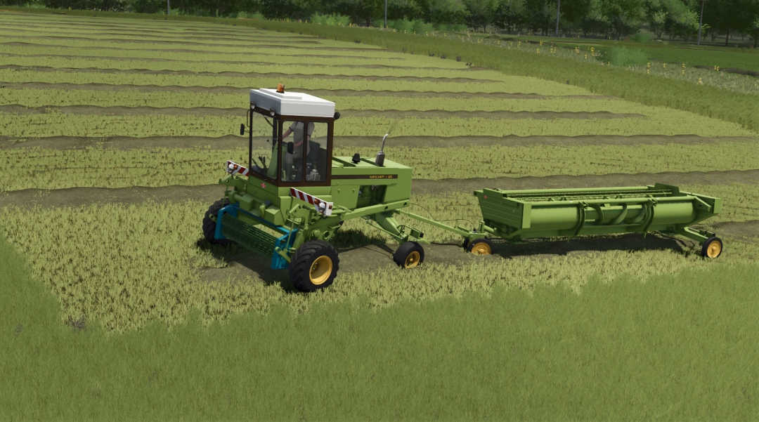 Farming Simulator 25 mod: Fortschritt E 303 tractor with hay rake attachment working in a field.