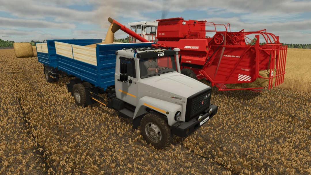 Farming Simulator 25 mods: White truck with a blue trailer, harvesting equipment, in a wheat field.