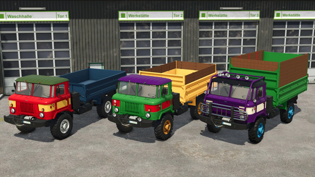 Four colorful off-road trucks with different cargo beds in Farming Simulator 25, featuring the GAZ 66 v1.0.0.0 mod.