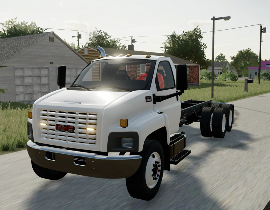 GMC AR truck mod from Farming Simulator 22, white truck with six wheels, in a suburban area with houses and trees, part of FS22 mods.