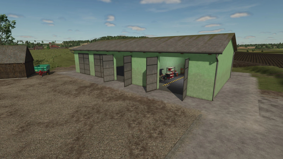 Garage with service modifications in Farming Simulator 25, featuring open doors, tools, and equipment inside.