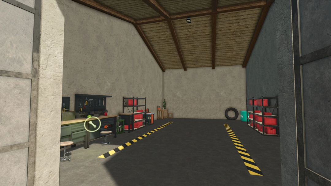 Garage with service area in Farming Simulator 25 mod, featuring tool shelves, workbenches, and storage racks with red containers.