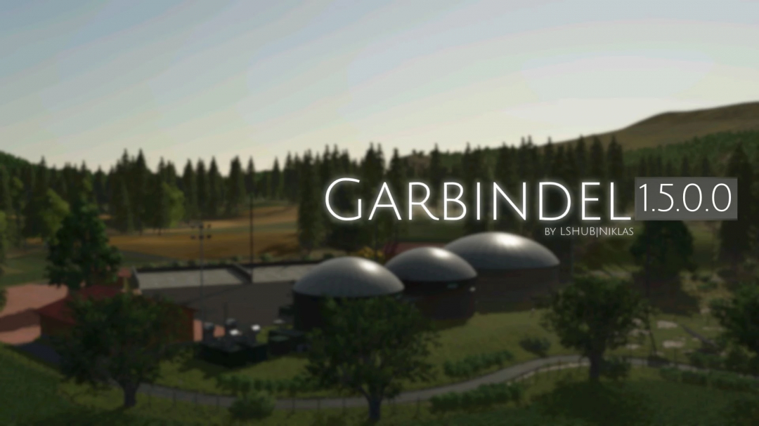 Garbindel Map v1.5.0.0 for Farming Simulator 25 mods, featuring a detailed rural landscape with large storage domes.