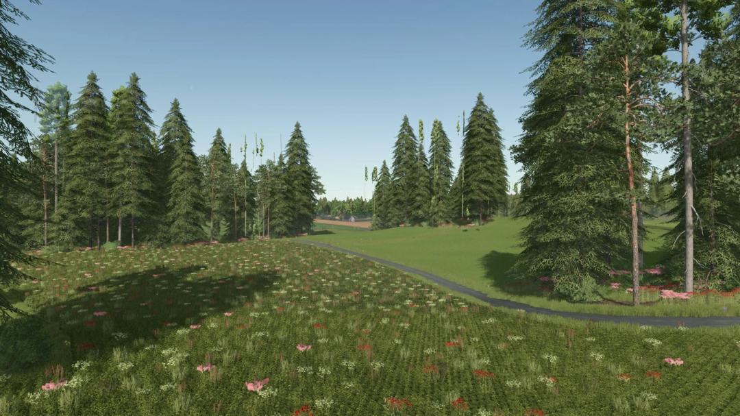 Scenic view of a forest with a grassy meadow, trees, and a dirt path, from Farming Simulator 25 with FS25 mods, Garbindel Map v1.5.0.0.