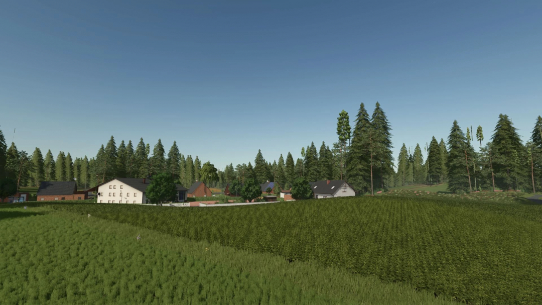 Farming Simulator 25 mod featuring the Garbindel Map v1.5.0.0 with lush fields, houses, and forested background.