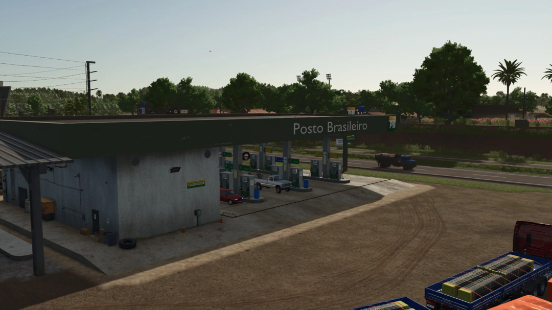 Gas station in Farming Simulator 25, titled 'Posto Brasileiro', part of FS25 mods, with fuel pumps, trucks, and trees in the background.