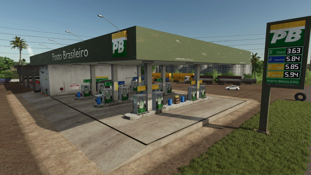 Farming Simulator 25 mod: Gas Station BR v1.0.0.0 at Posto Brasileiro with fuel pumps and price display for FS25 mods.