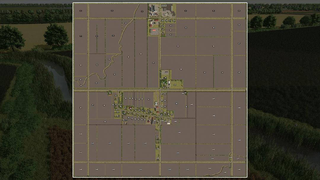 Map overview of Gnadenthal Map v1.2.0.0 for Farming Simulator 25, showing fields, roads, and farm buildings.
