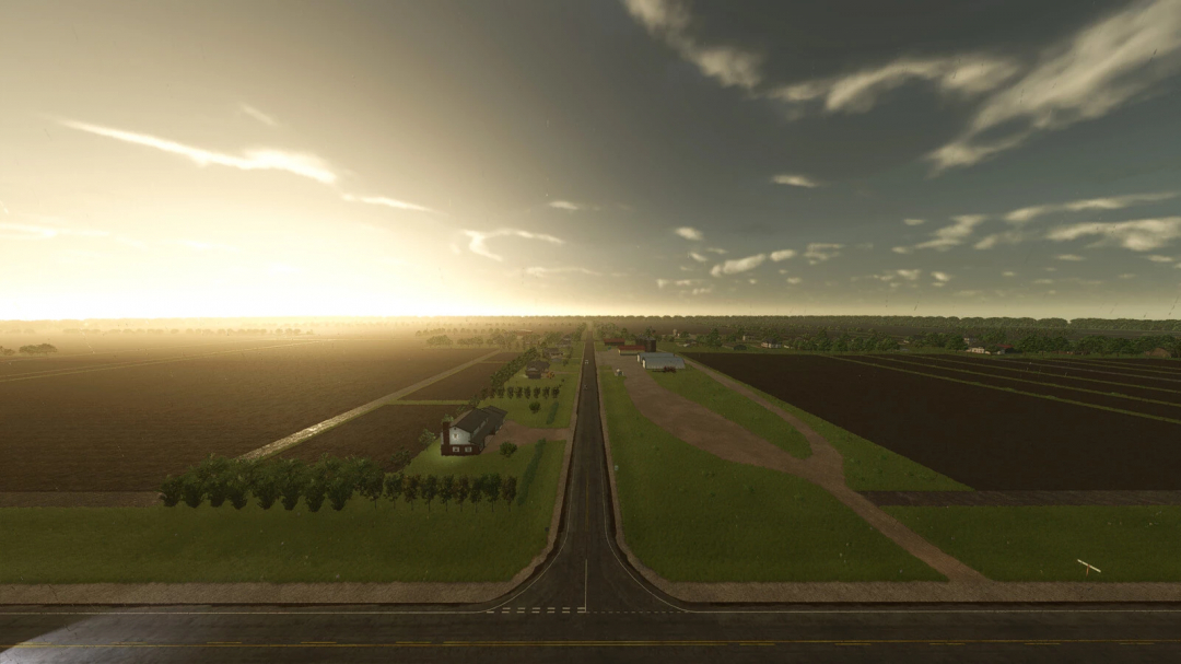 Sunset view of Gnadenthal Map v1.2.0.0 from Farming Simulator 25 with fields, houses, and roads.