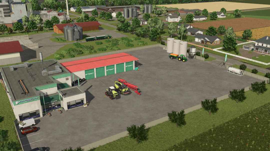 A farming equipment store in Farming Simulator 25 with tractors, sprayers, and storage buildings on Gnadenthal Map v1.2.0.0.